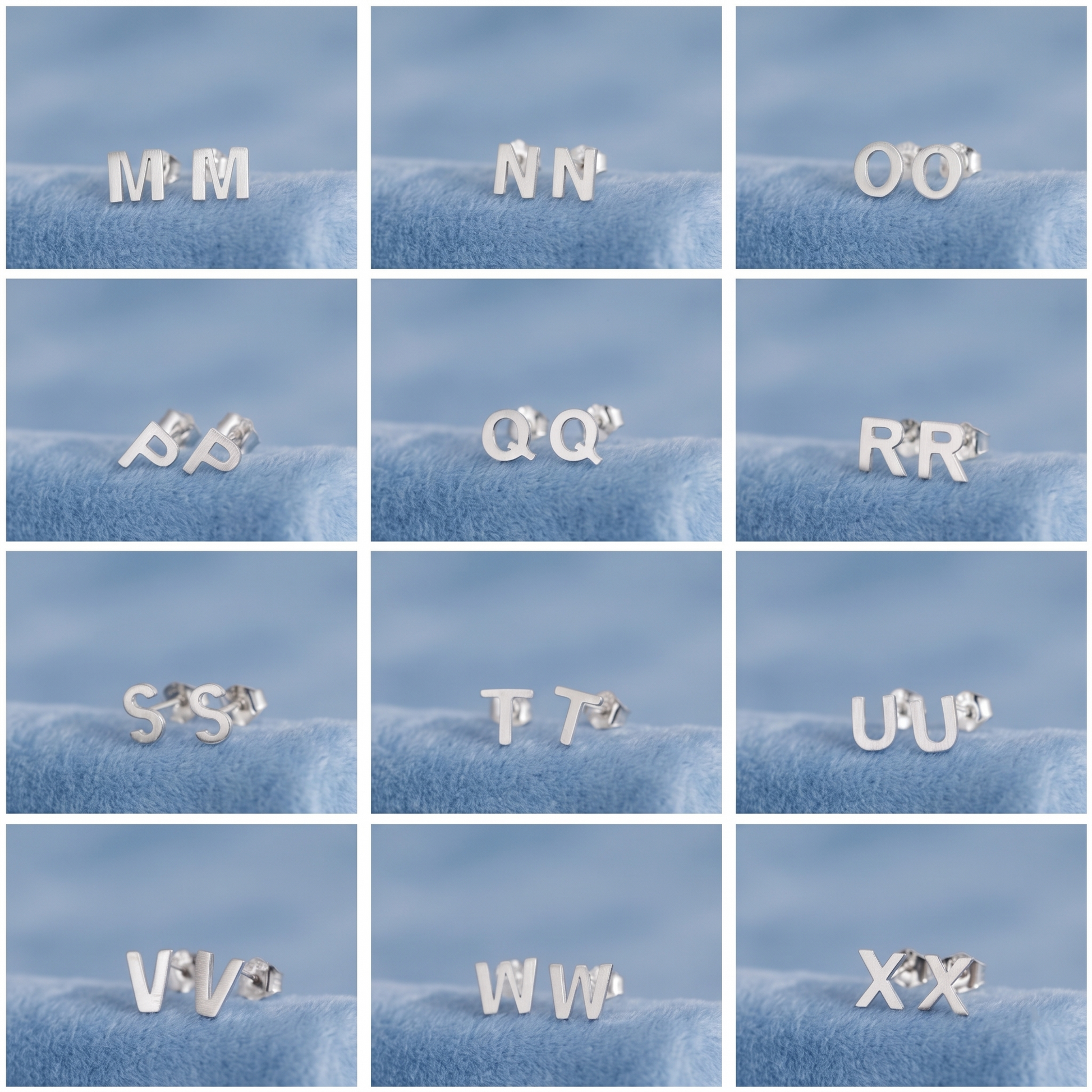 Alphabet letter stud earrings display, silver-tone pair studs for M–X