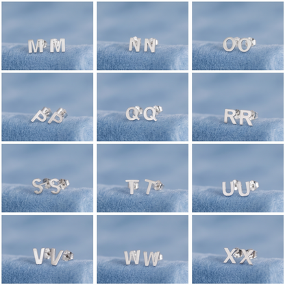Alphabet letter stud earrings display, silver-tone pair studs for M–X