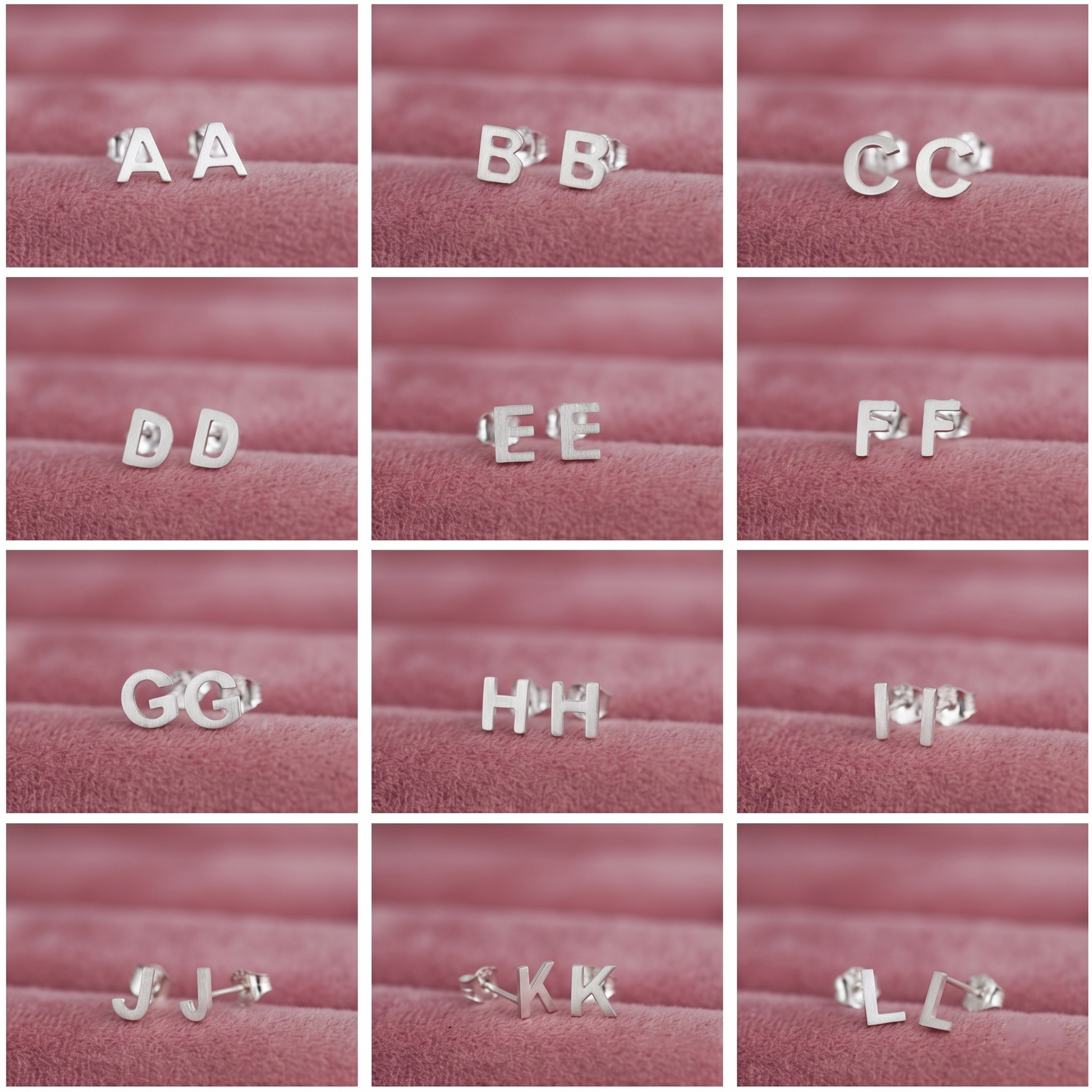 Alphabet letter stud earrings display, silver-tone pair studs for A–L