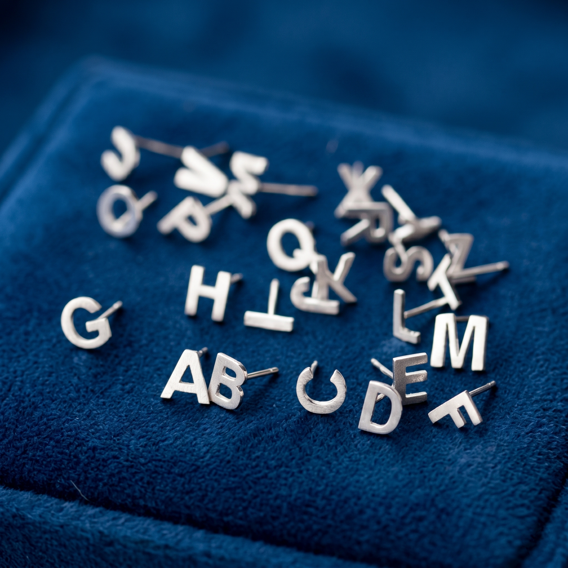 Alphabet letter stud earrings, silver-tone letters displayed on blue velvet