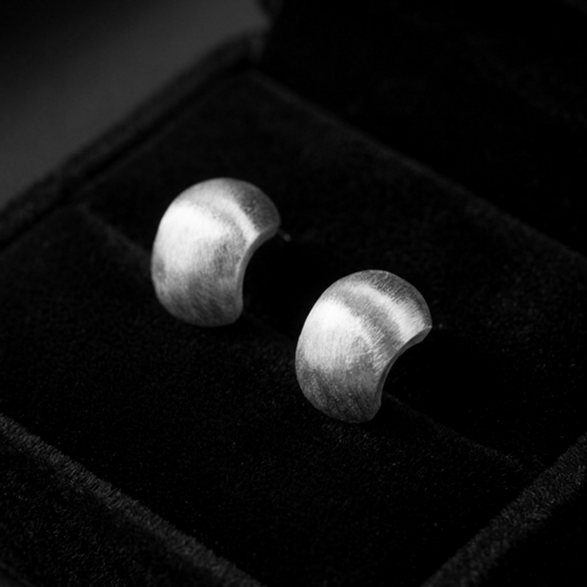 Brushed half-hoop drop earrings with curved silver-tone fronts on dark display box.