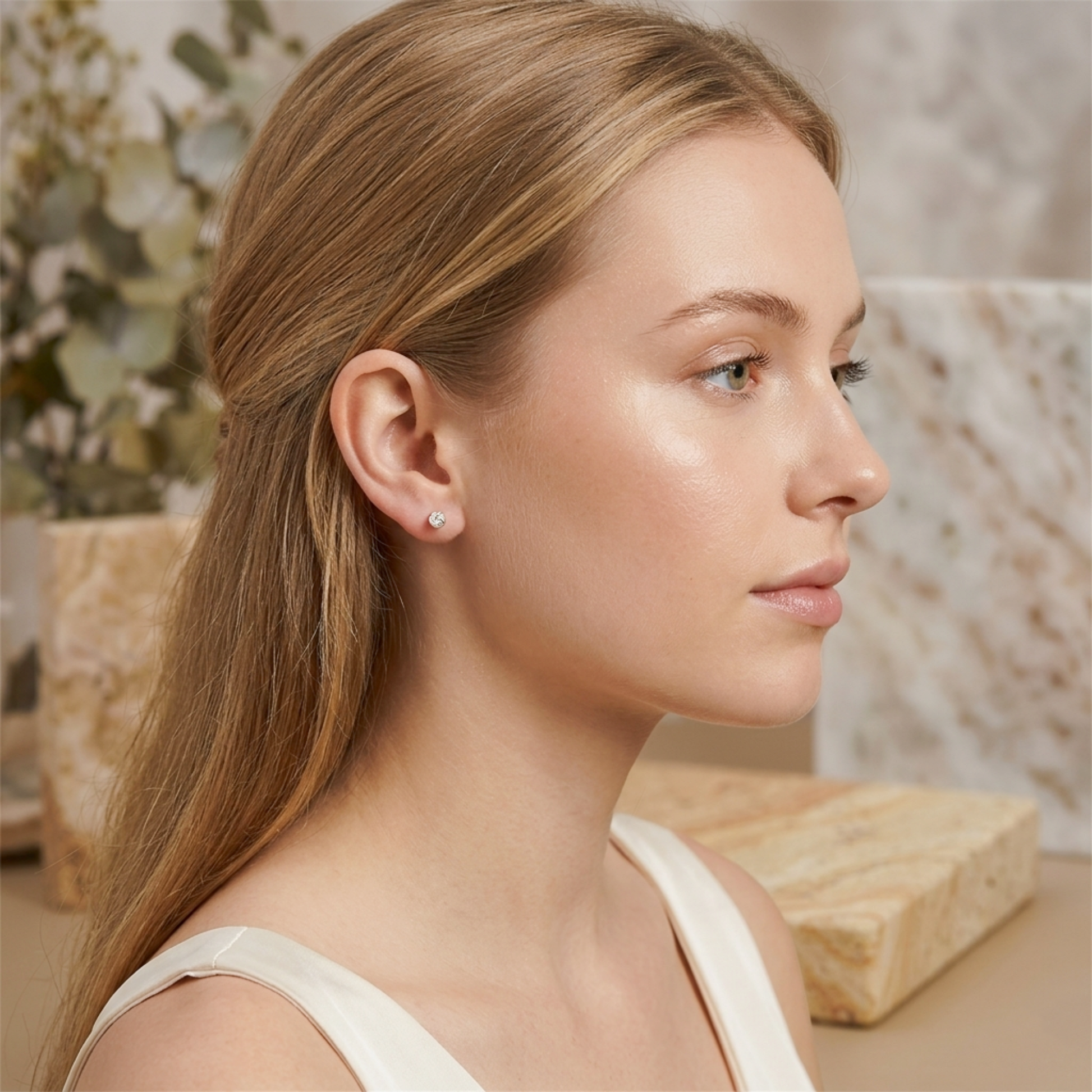 Mini love knot stud earrings on ear, silver-tone twisted knot