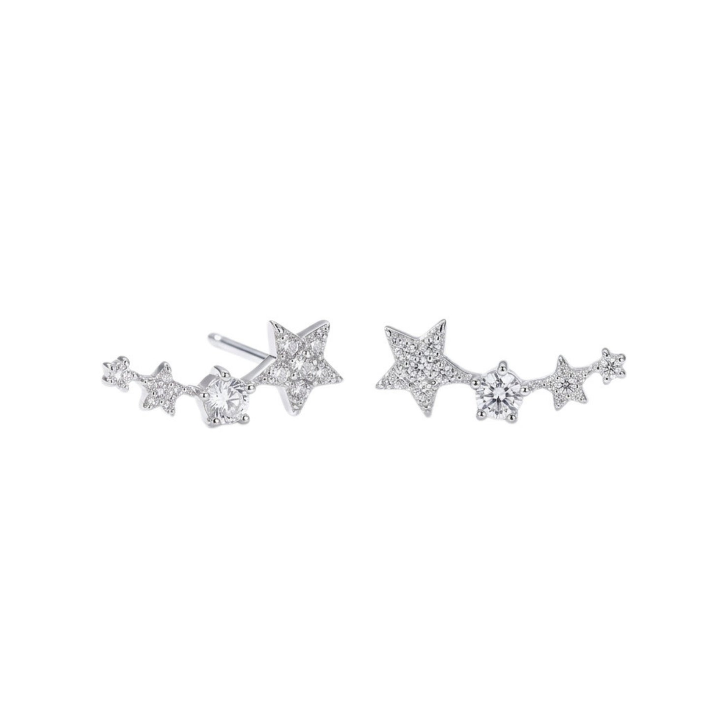 Silver CZ star ear climbers with linked mini stars and sparkle stones