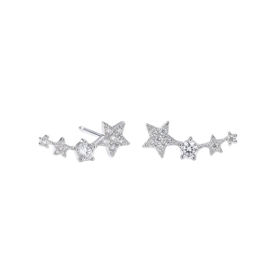 Sterling Silver Linked Star Climber Stud Earrings with Clear Pave CZ 16mm