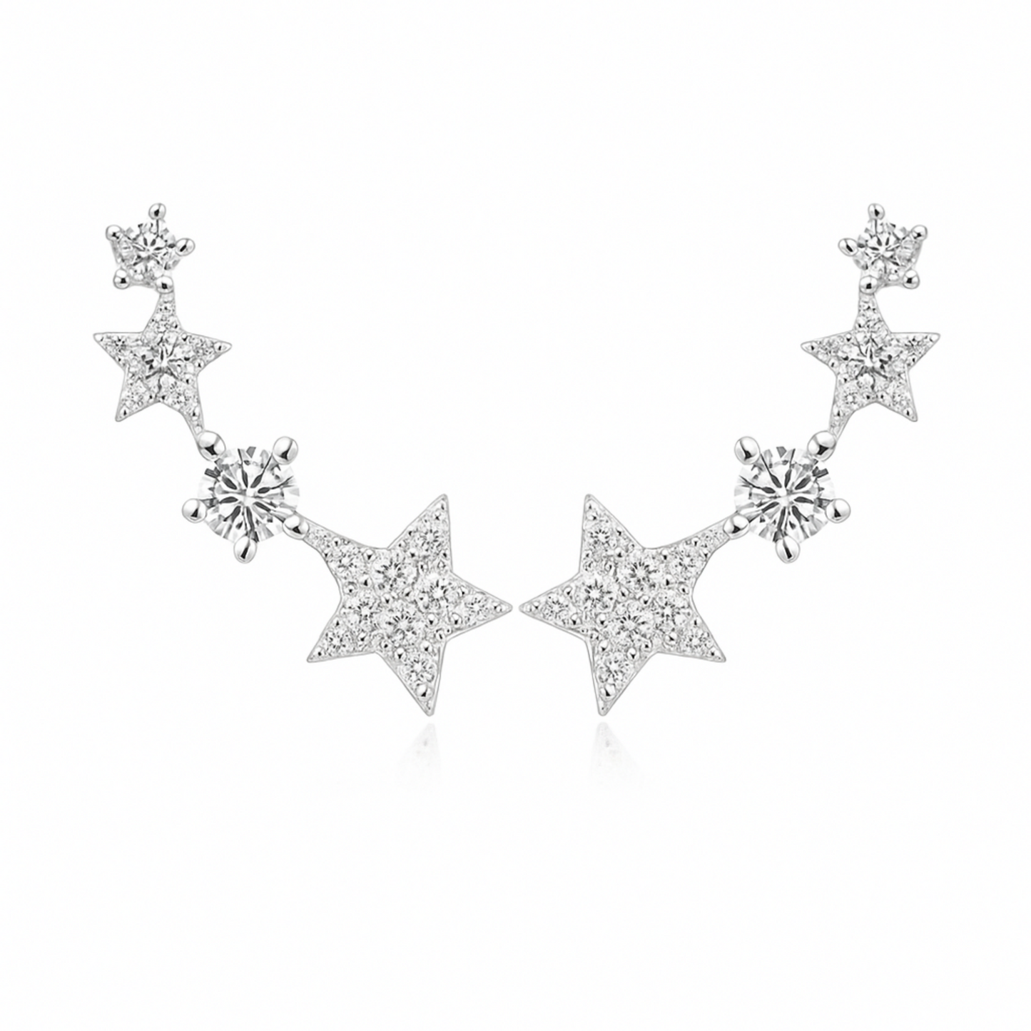 Sterling Silver Linked Star Climber Stud Earrings with Clear Pave CZ 16mm
