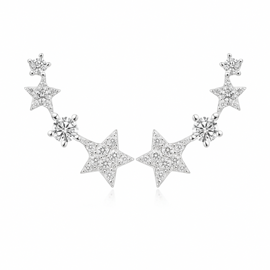 Sterling Silver Linked Star Climber Stud Earrings with Clear Pave CZ 16mm