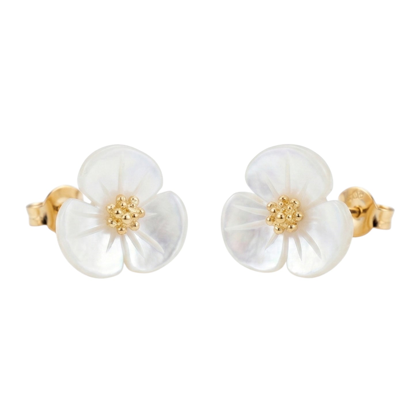 White flower stud earrings with gold-tone center and gold-tone backs, pair view