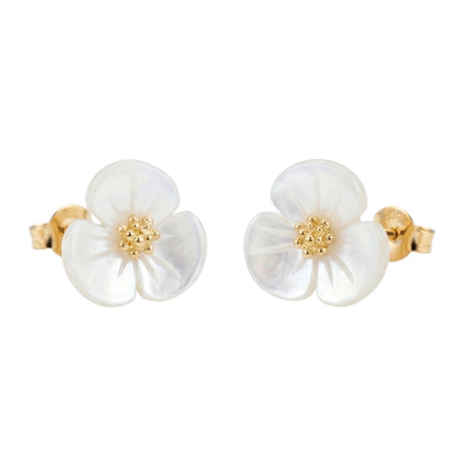 White flower stud earrings with gold-tone center and gold-tone backs, pair view