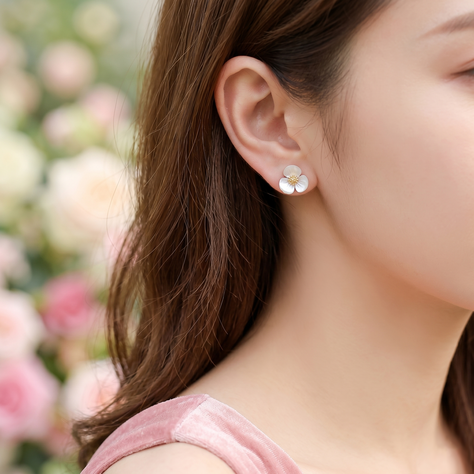 White flower stud earrings worn on model’s ear with small gold-tone center