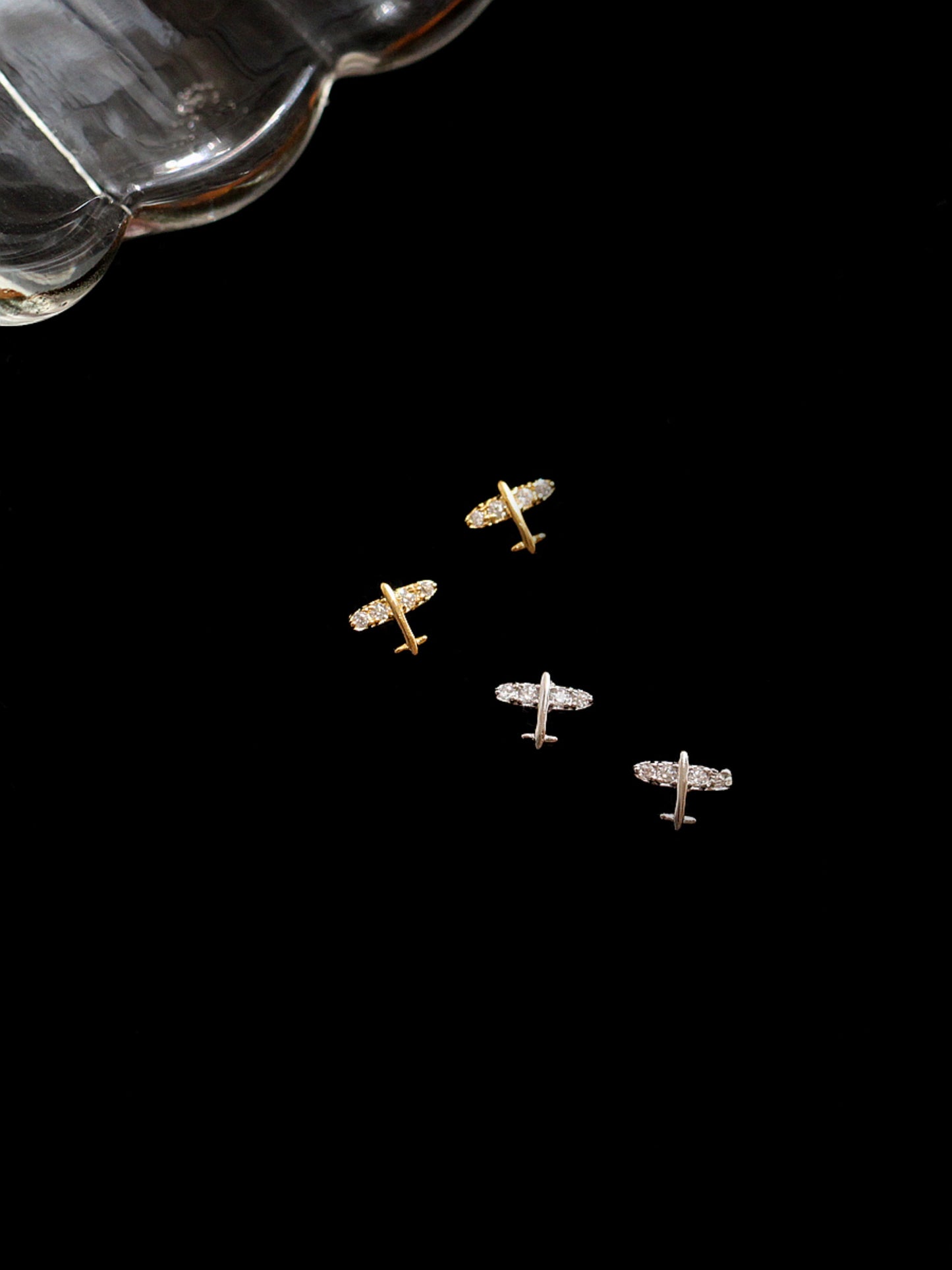 Mini CZ Airplane Stud Earrings in Sterling Silver with Rhodium / Gold Plating