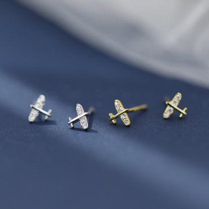 Mini CZ Airplane Stud Earrings in Sterling Silver with Rhodium / Gold Plating