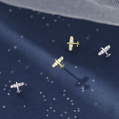 Mini CZ Airplane Stud Earrings in Sterling Silver with Rhodium / Gold Plating