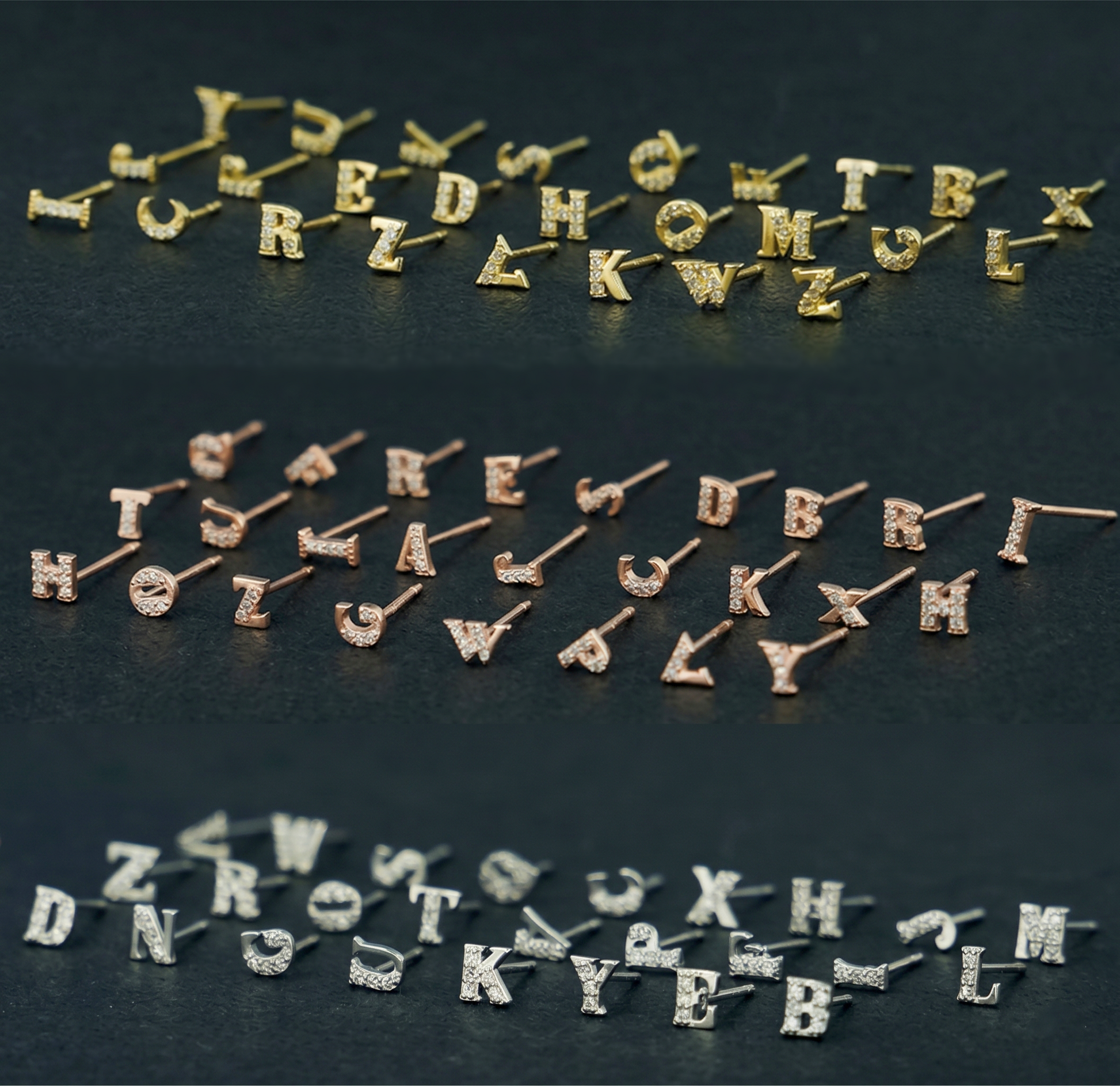 Paved initial stud earrings showing rhinestone letters in gold, rose gold, and silver-tone.