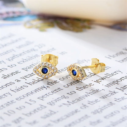 14K Gold on Sterling Silver Evil Eye Clear Blue Sapphire CZ Stud Earrings