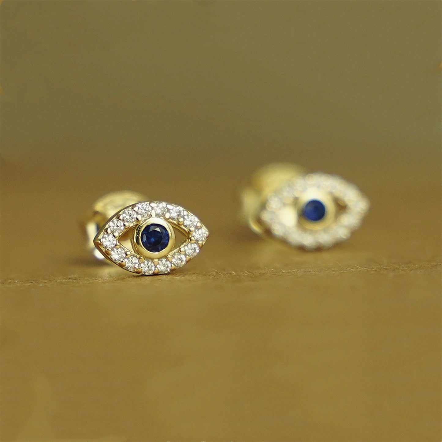 14K Gold on Sterling Silver Evil Eye Clear Blue Sapphire CZ Stud Earrings