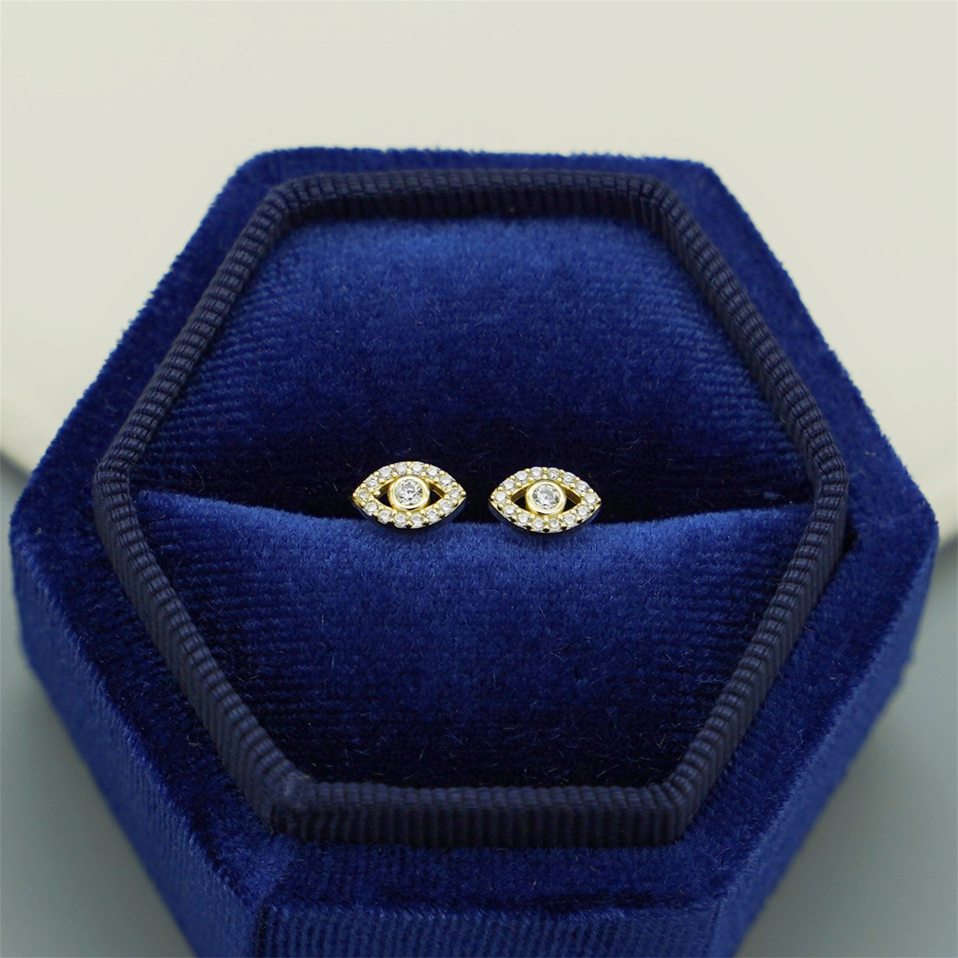 14K Gold Evil Eye Clear Crystal CZ Stud Earrings with 925 Sterling Silver Butterfly Backs - sugarkittenlondon