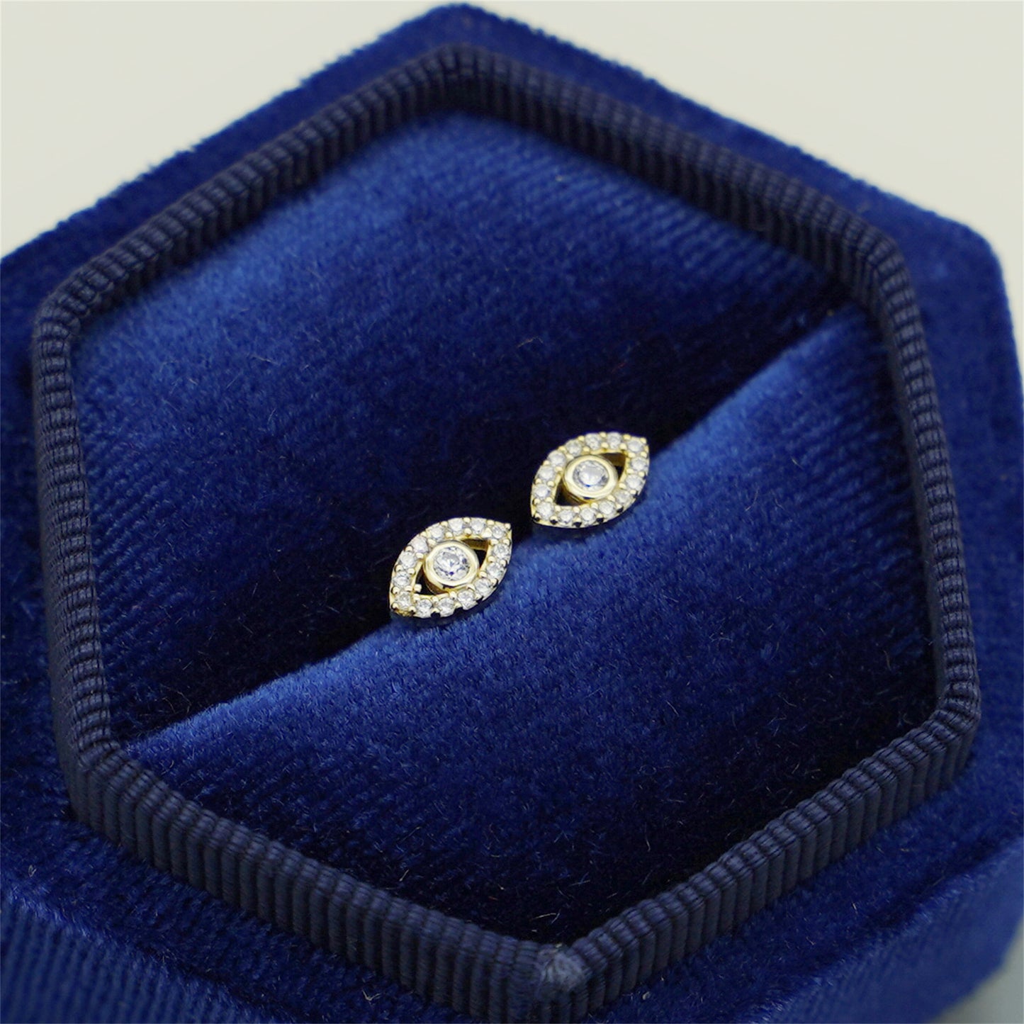 14K Gold Evil Eye Clear Crystal CZ Stud Earrings with 925 Sterling Silver Butterfly Backs - sugarkittenlondon