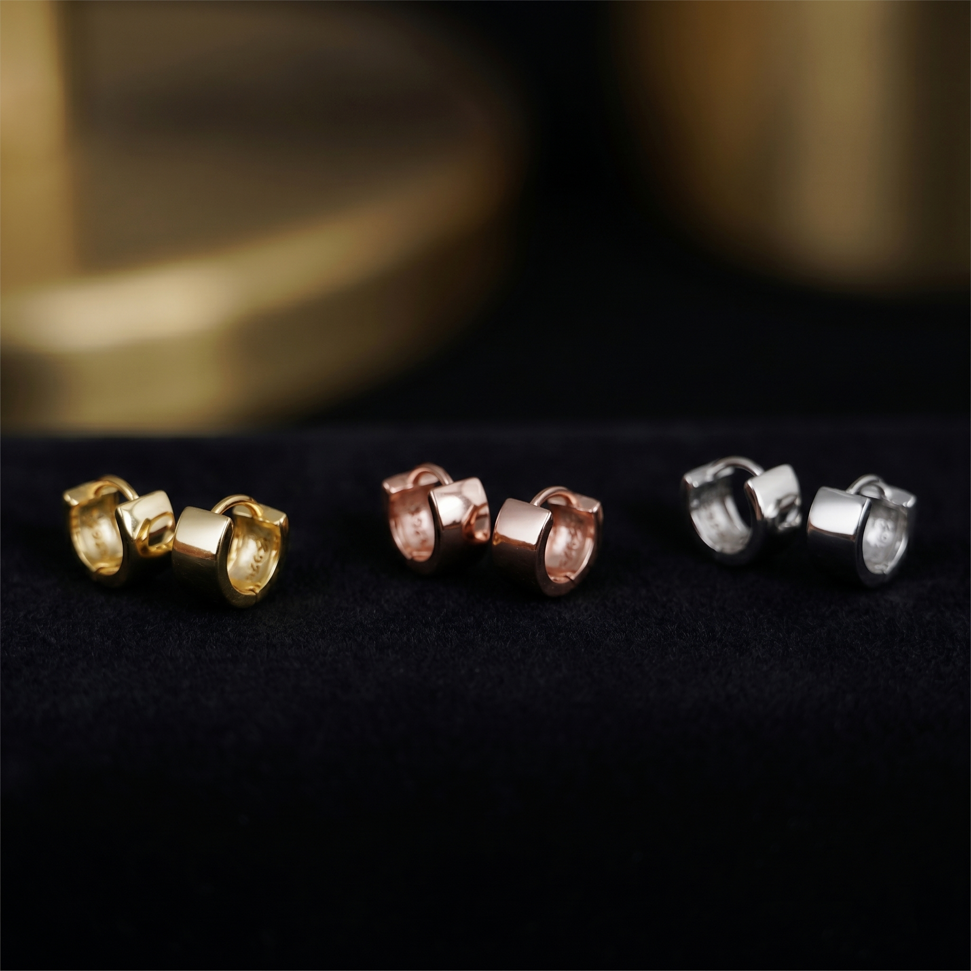 3 pairs 4.5mm sterling hoop earrings: gold, rose gold, rhodium