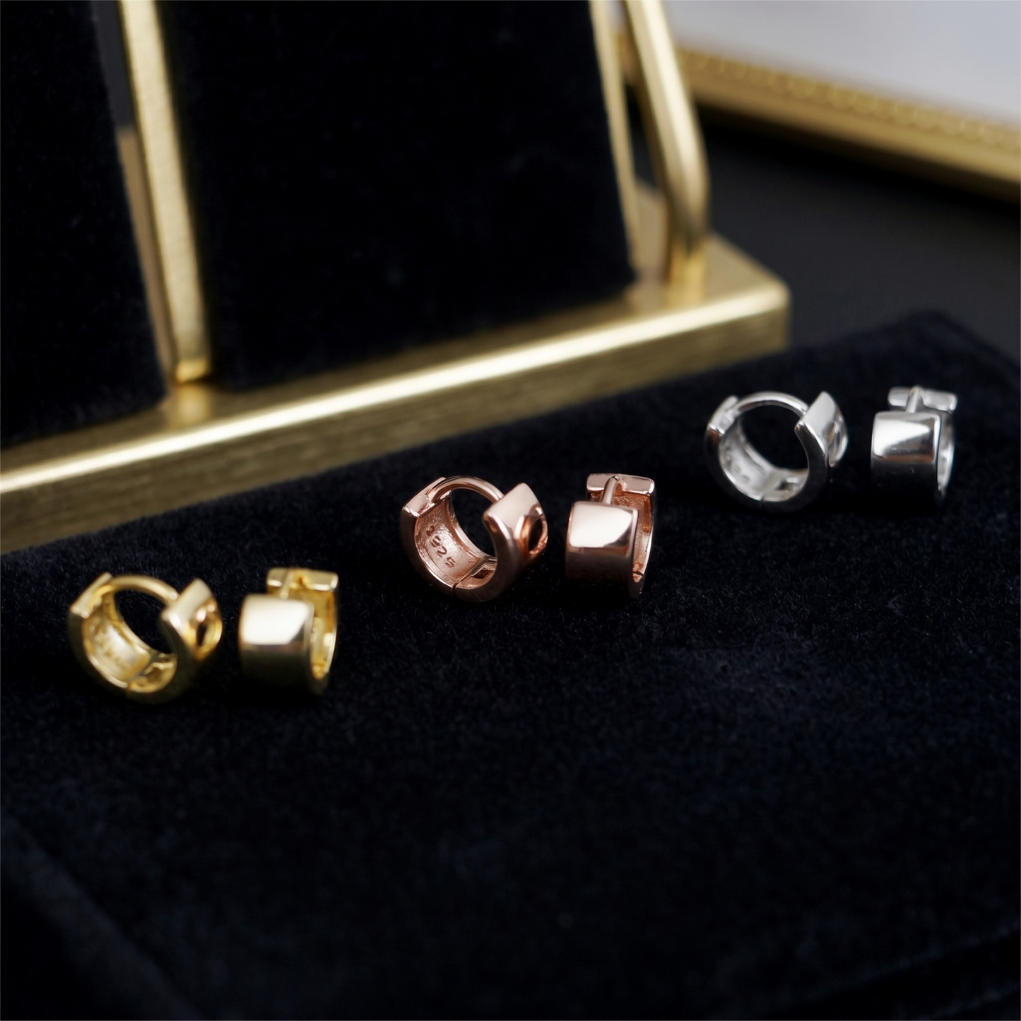 3 pairs 4.5mm sterling hoop earrings in rose gold, gold, rhodium