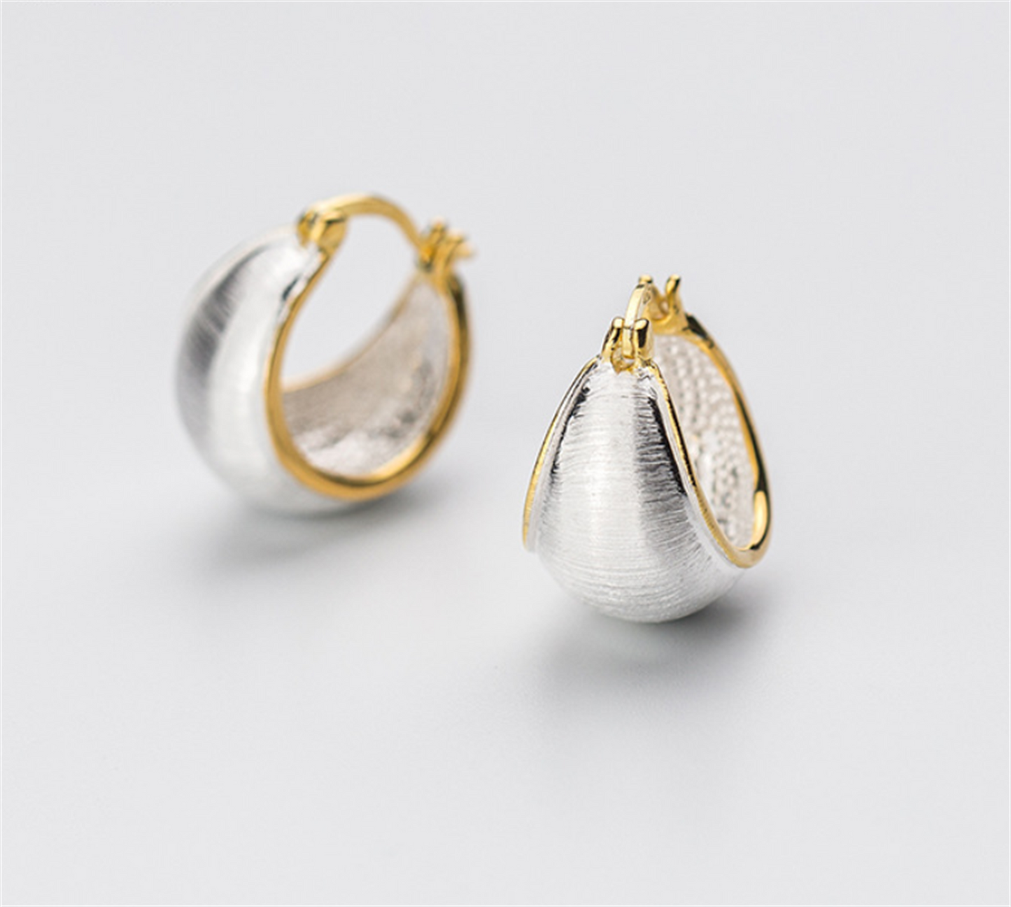 925 Sterling Silver Dome Sleeper Drop Hoop Earrings with Brushed Golden Line