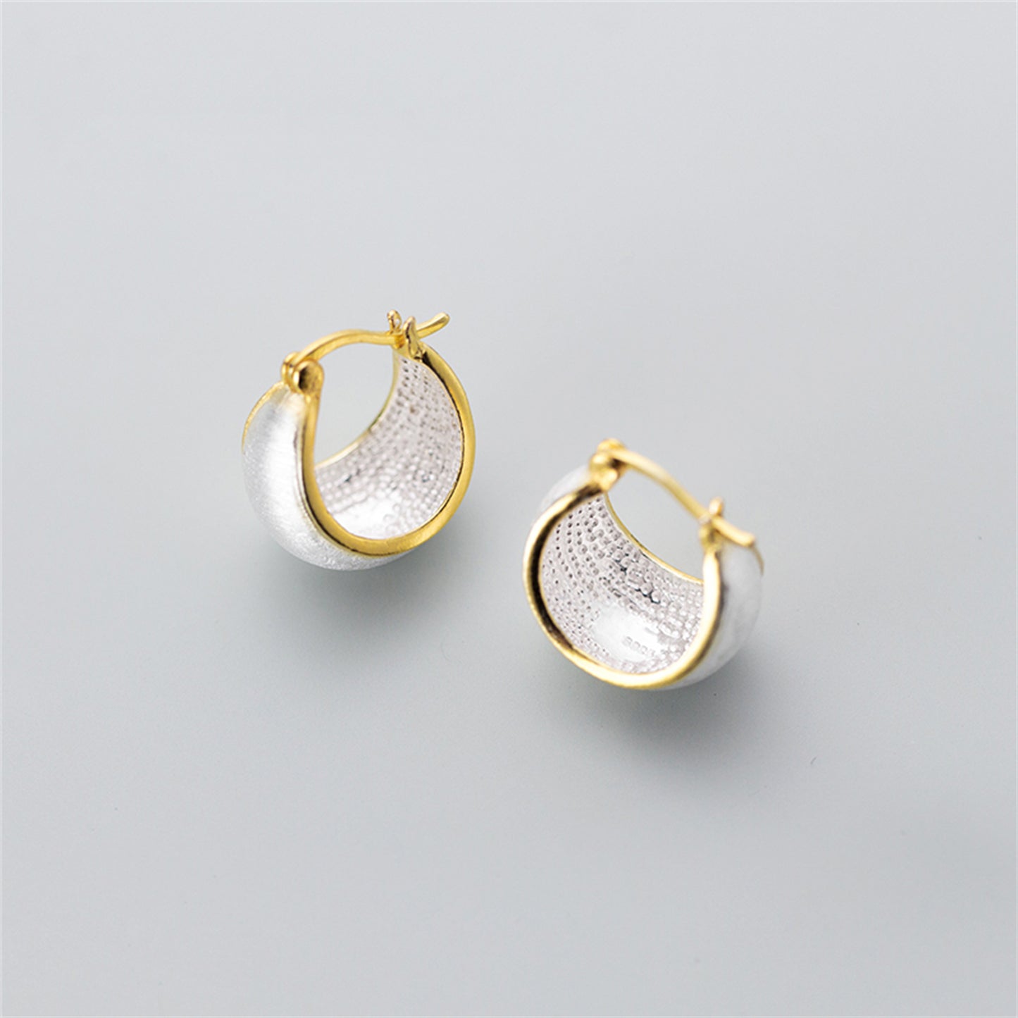 925 Sterling Silver Dome Sleeper Drop Hoop Earrings with Brushed Golden Line