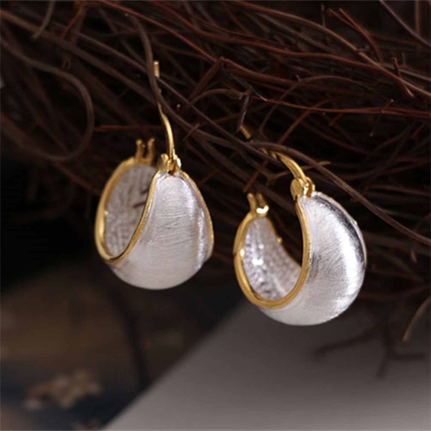 925 Sterling Silver Dome Sleeper Drop Hoop Earrings with Brushed Golden Line