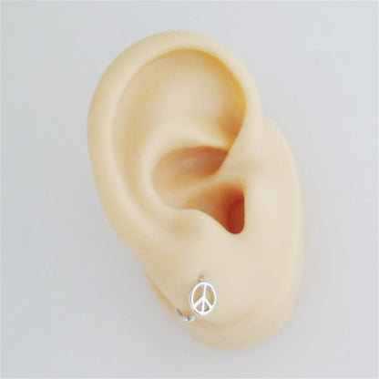 Sterling Silver Peace Symbol CND Sign Hoop 8mm Hoop Huggie Earrings 2 Tones Rhodium / 18K Gold