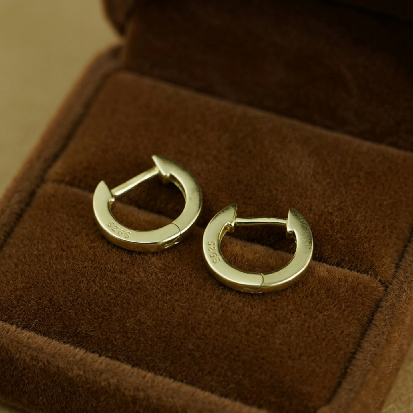 Silver latch-back hoop earrings, side view with visible hinge and clasp