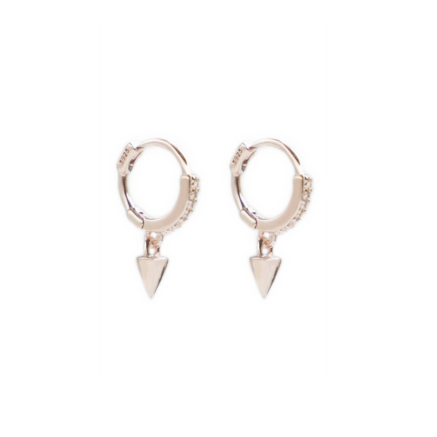 Rose gold cone-spike hoop earrings with sparkling pavé band and dangling point charm