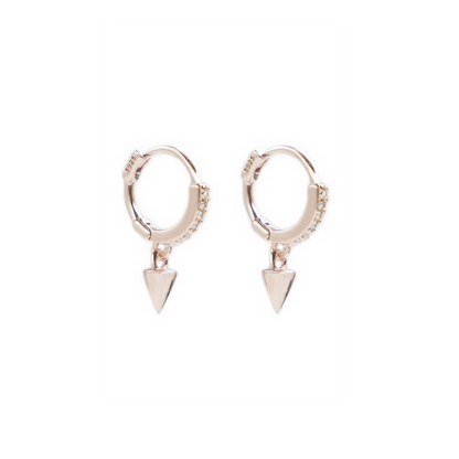 Rose gold cone-spike hoop earrings with sparkling pavé band and dangling point charm