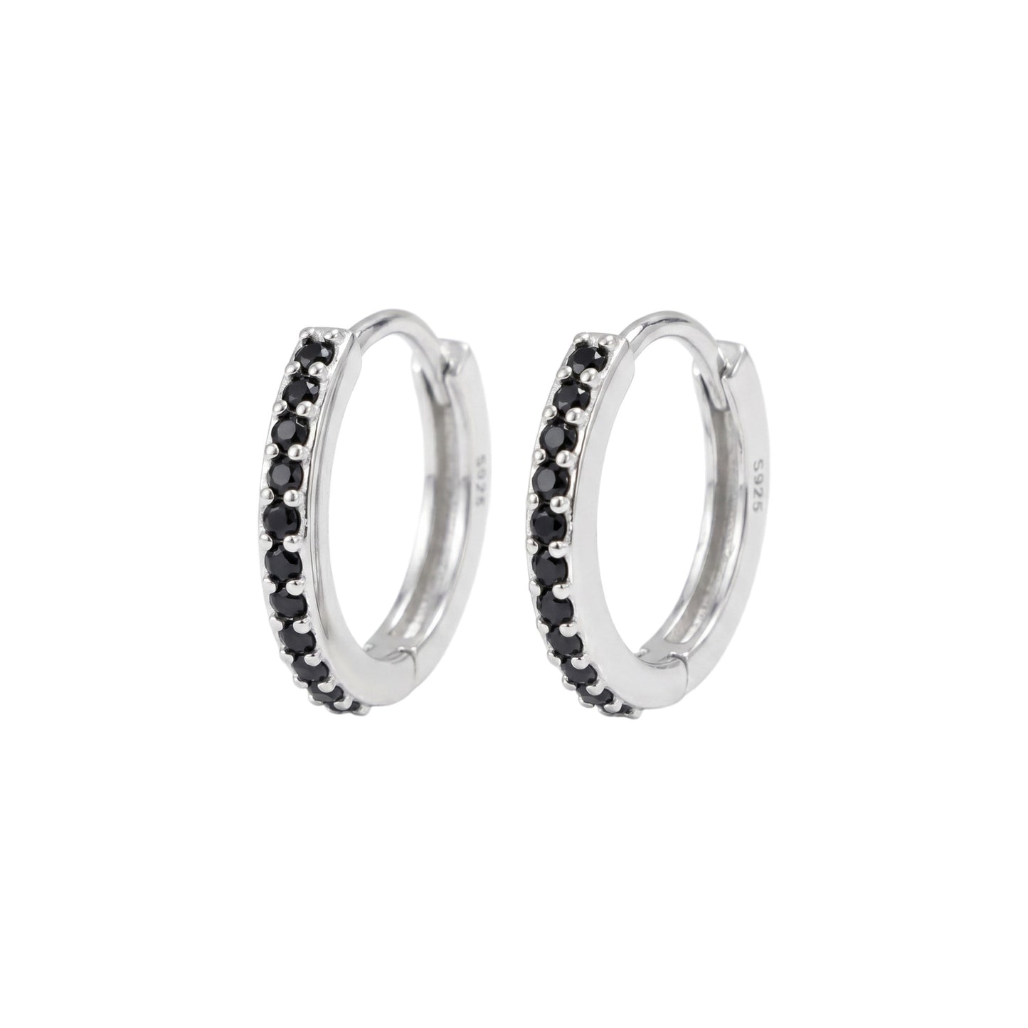 Contrast Huggie Hoops: silver-tone huggie earrings with black stone row