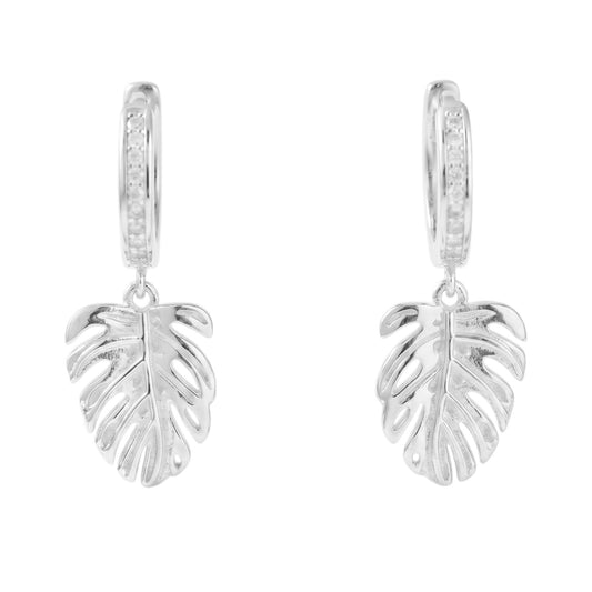 Monstera Leaf Drop Huggies earrings with hinged hoop and dangling leaf charms, silver-tone