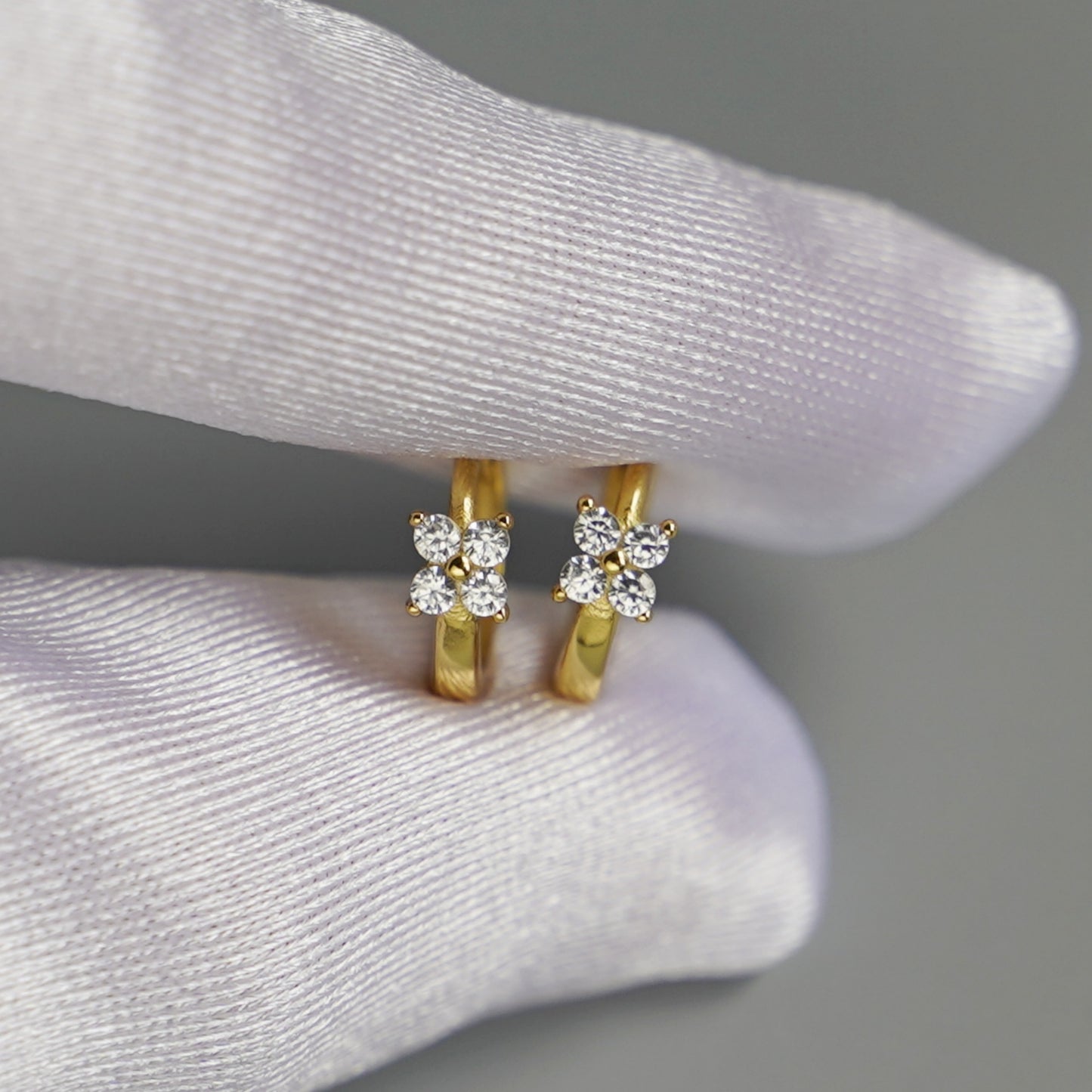 Elegant CZ Flower Huggie Earrings in Sterling Silver with 18K Gold Plating - sugarkittenlondon