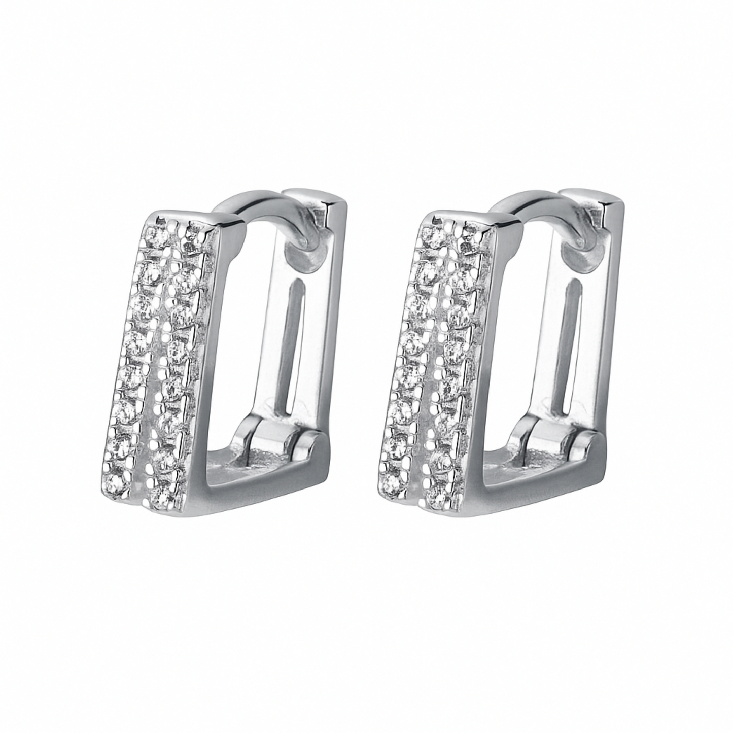 Sterling Silver Double Line Layer Square Paved CZ Cuff Hoop Earrings Unisex