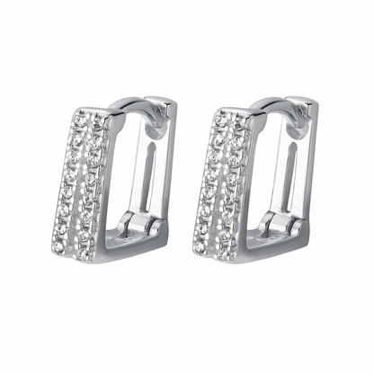 Sterling Silver Double Line Layer Square Paved CZ Cuff Hoop Earrings Unisex