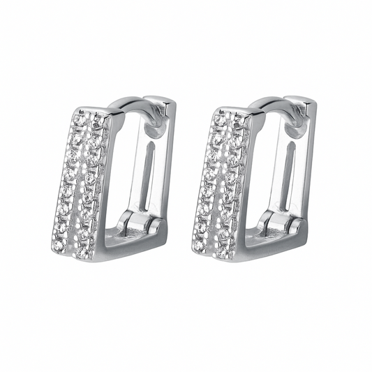 Sterling Silver Double Line Layer Square Paved CZ Cuff Hoop Earrings Unisex