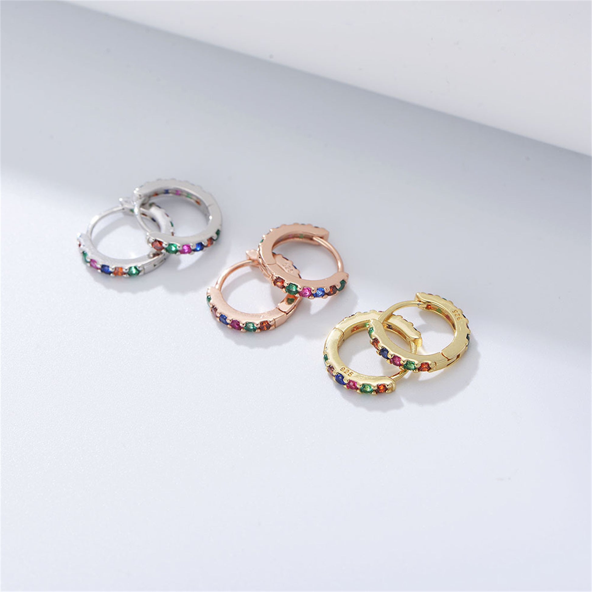 Sterling Silver Rainbow Cubic Zirconia Huggie Hoop Cuff Earrings 3 Tones - sugarkittenlondon