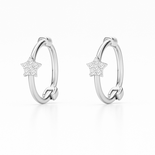 Sterling Silver Star CZ Hinged 9mm Hoop Huggie Earrings