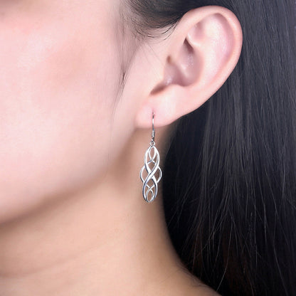 Rhodium-plated Sterling Silver Celtic Knot Drop Hook Earrings