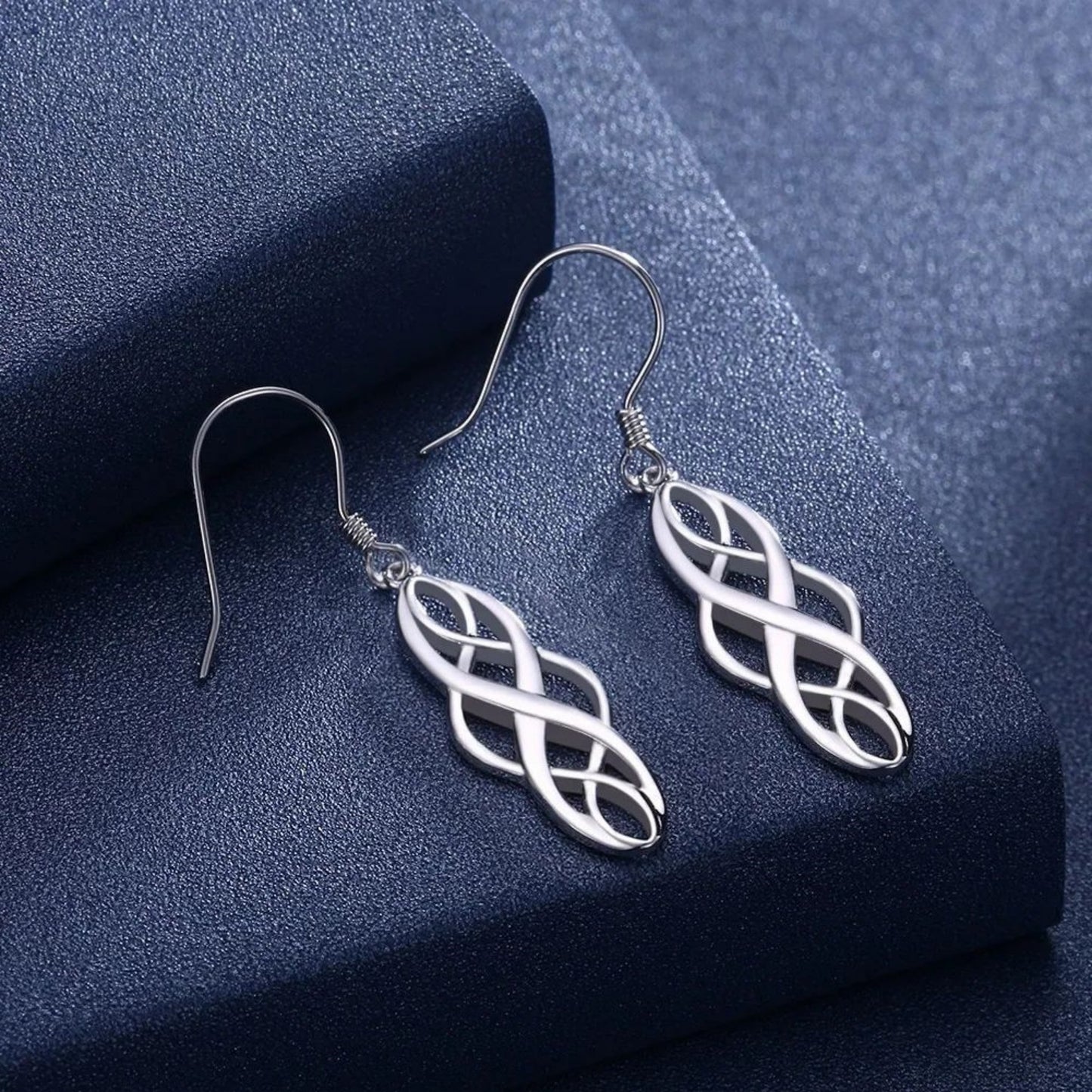 Rhodium-plated Sterling Silver Celtic Knot Drop Hook Earrings