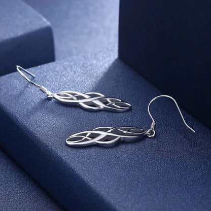 Rhodium-plated Sterling Silver Celtic Knot Drop Hook Earrings