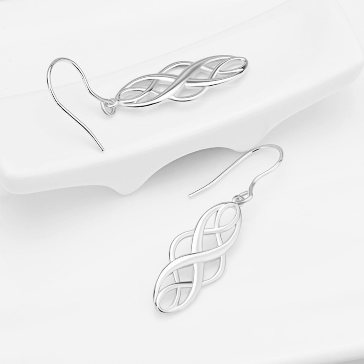 Rhodium-plated Sterling Silver Celtic Knot Drop Hook Earrings