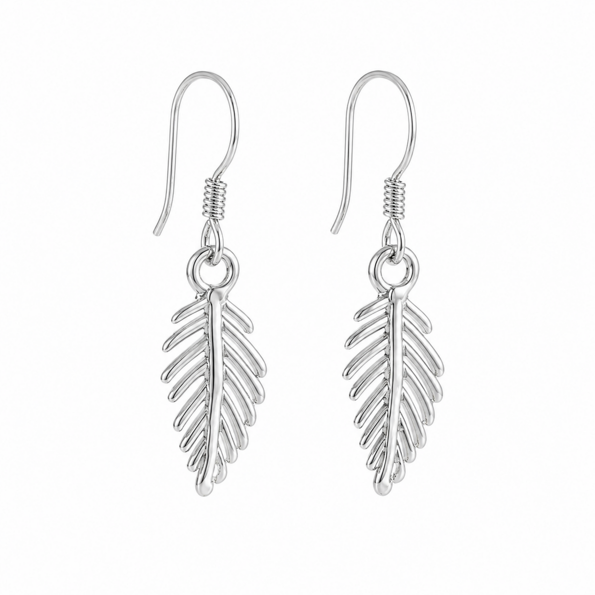 Leaf drop hook earrings with circular hooks and leaf charms, silver tone