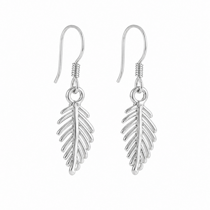 Leaf drop hook earrings with circular hooks and leaf charms, silver tone