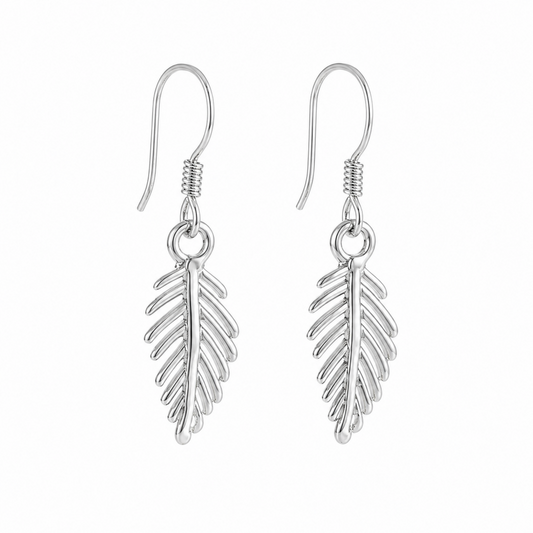 Leaf drop hook earrings with circular hooks and leaf charms, silver tone