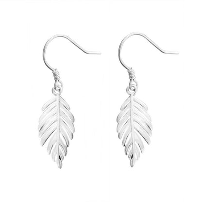 925 Sterling Silver Puffy Feather Leaf Dangle Hook Earrings - sugarkittenlondon