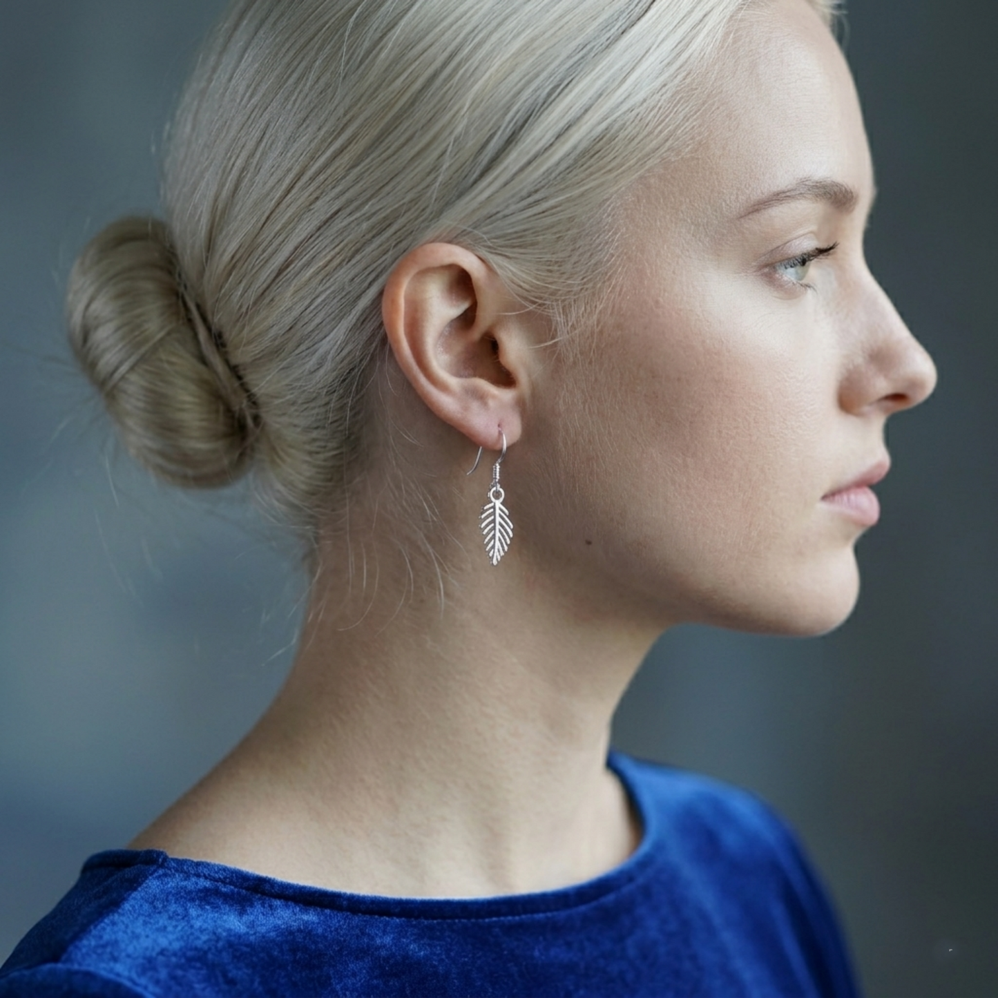 Leaf drop hook earrings with dangling leaf charms, silver tone