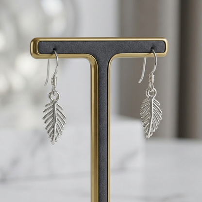 Leaf drop hook earrings with dangling leaf charms, silver tone