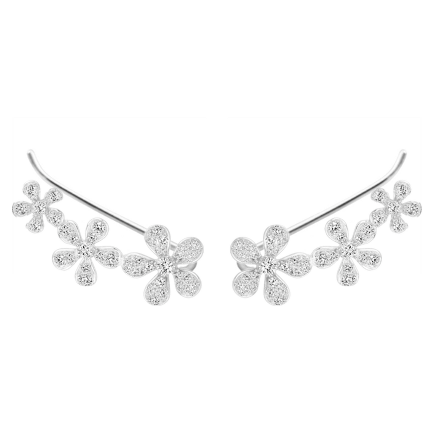 925 Sterling Silver Cuff Drop Earrings with Paved CZ Flowers - sugarkittenlondon