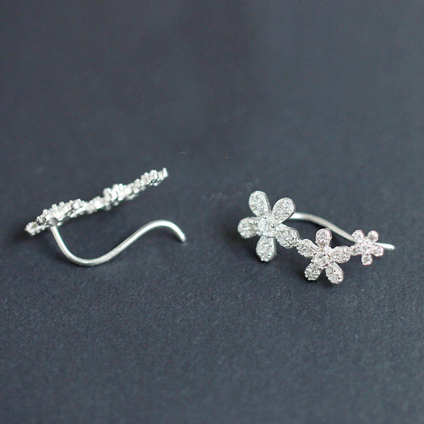 925 Sterling Silver Cuff Drop Earrings with Paved CZ Flowers - sugarkittenlondon